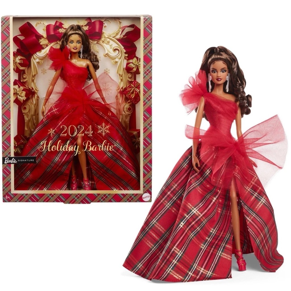 Barbie Signature Christmas 2024 Holiday Doll Brown Hair Plaid & Red Gown